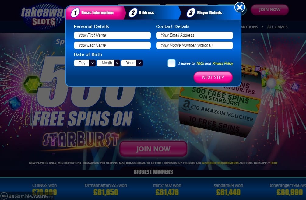 Take Away Slots signup Fluffy Spins sign up page