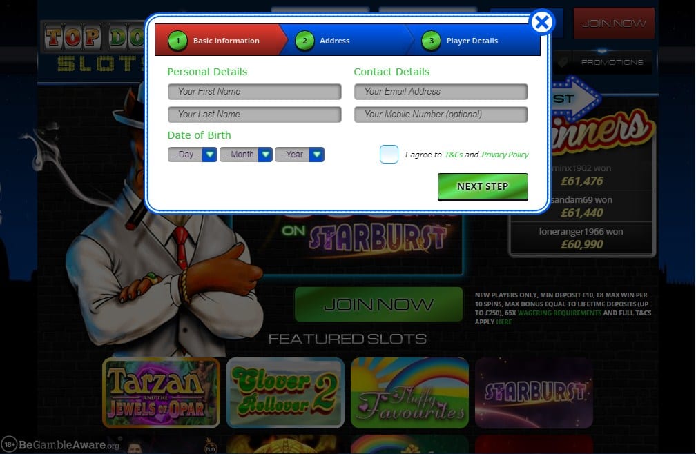 Top Dog Slots signup Fluffy Spins sign up page