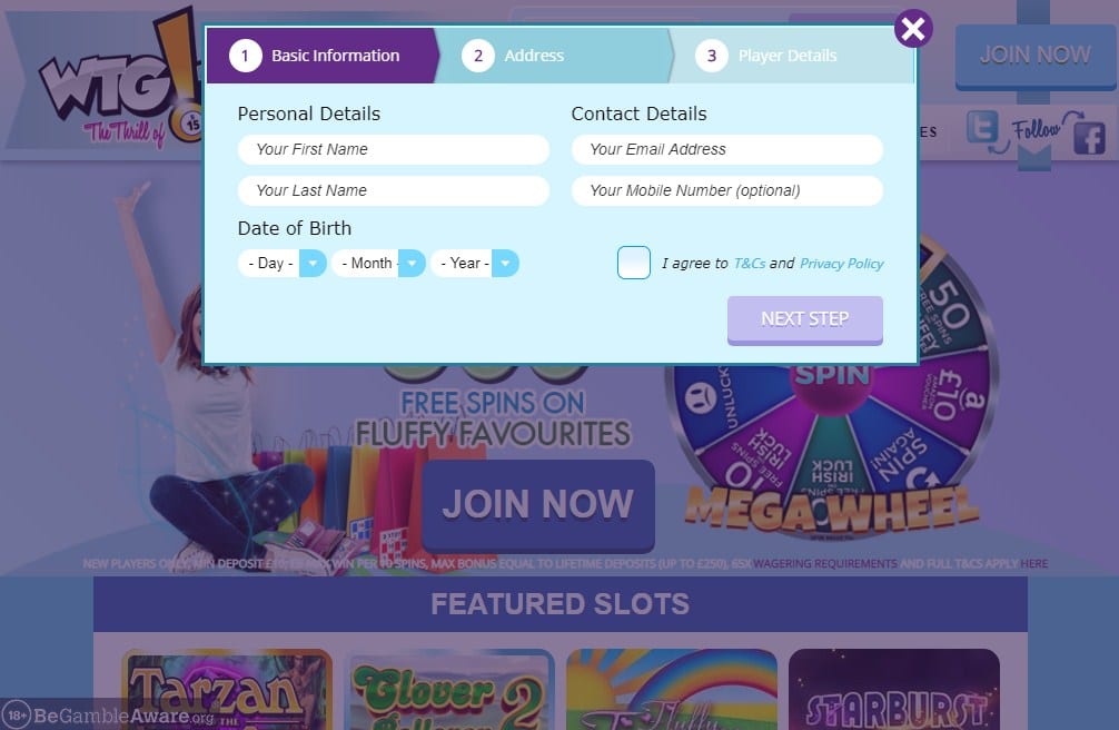 WTG Bingo sign up Fluffy Spins sign up page