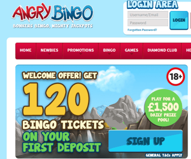 Angry Bingo login page