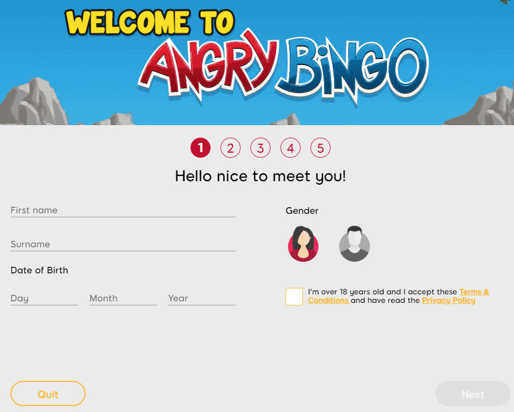 Angry Bingo sign up page