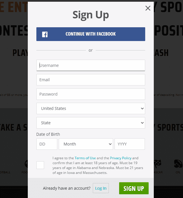 Draft Kings sign up page