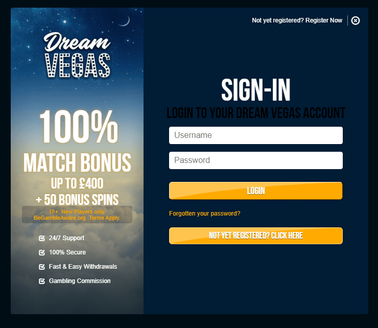 dream vegas login Dream Vegas login page