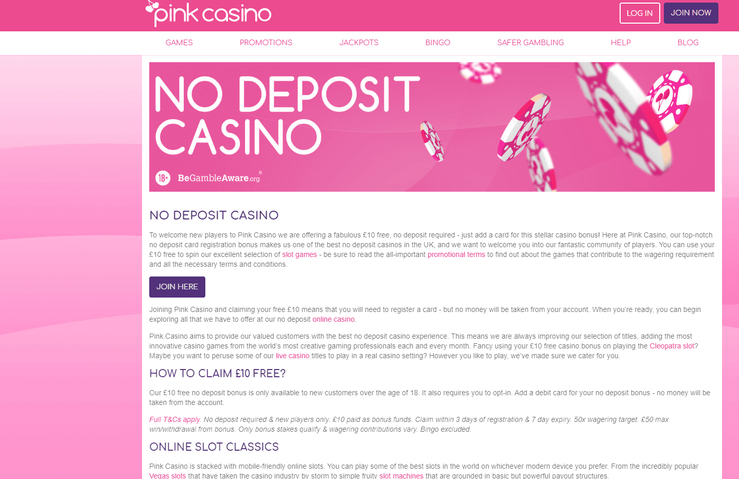 Pink Casino home page