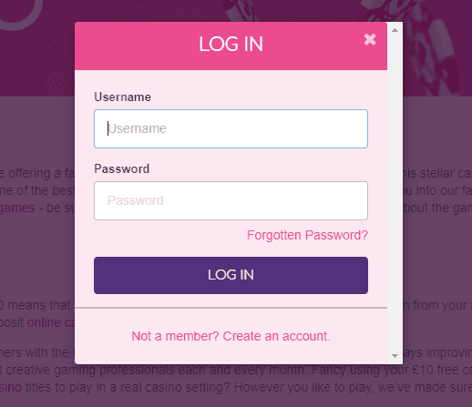 Pink Casino login page