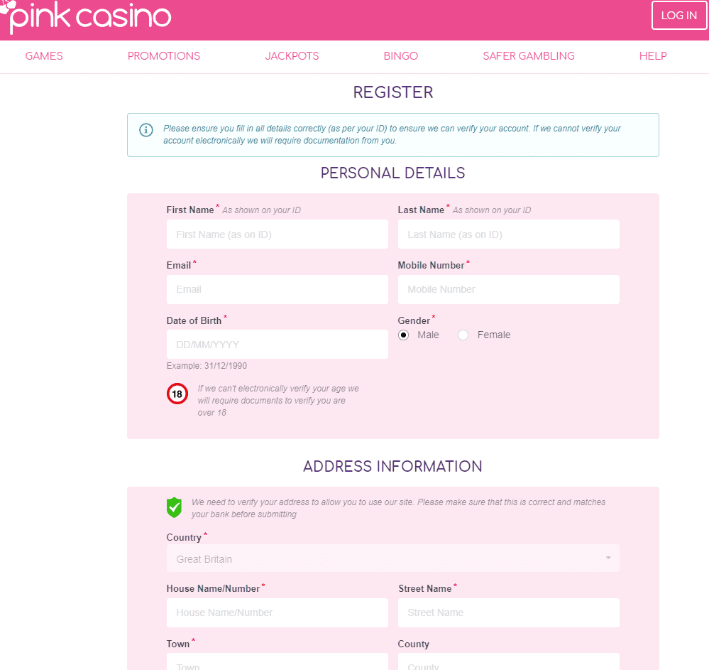 Pink Casino sign up page