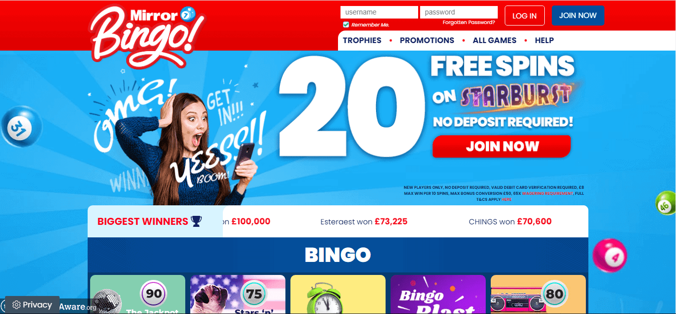 Mirror Bingo Homepage