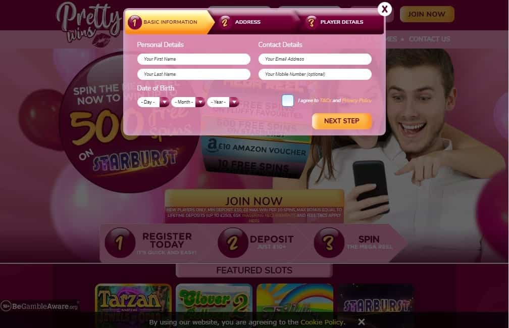 Pretty Wins signup Fluffy Spins sign up page