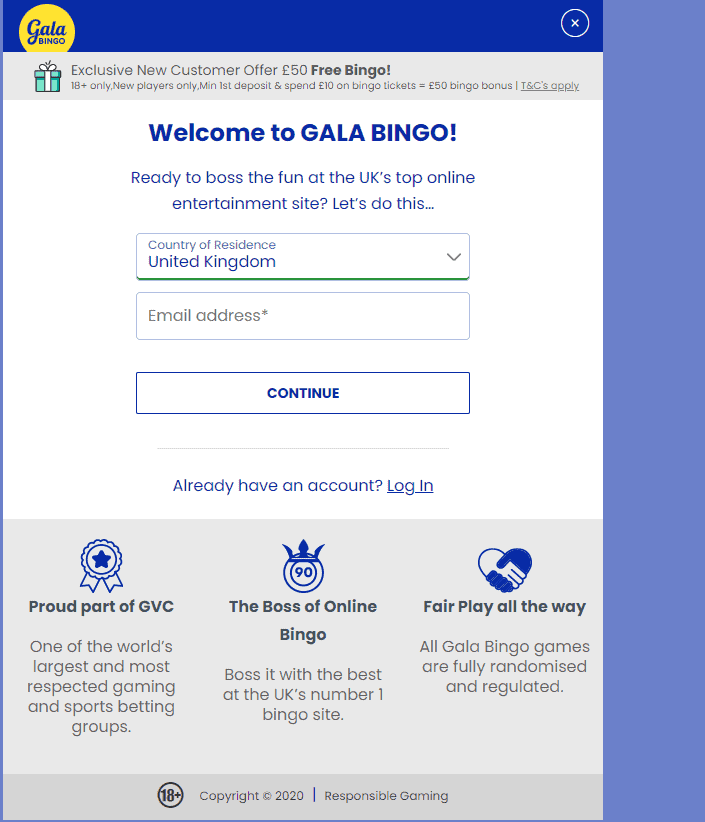 Gala Bingo sign up page