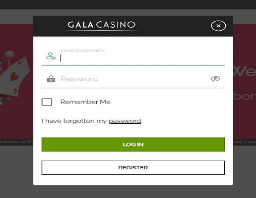 Gala Casino login page