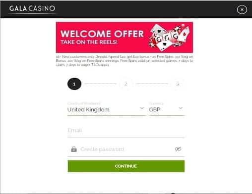 Gala Casino sign up page