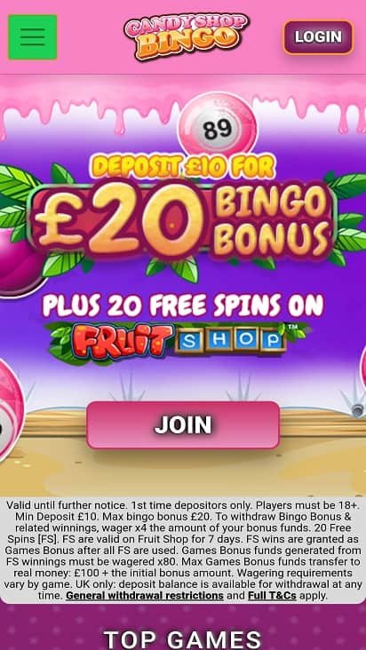 Candy shop bingo promotions page