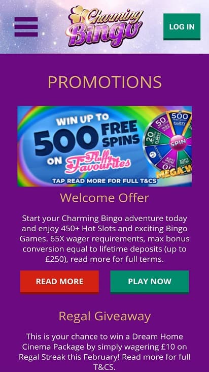 Charming bingo promotions page