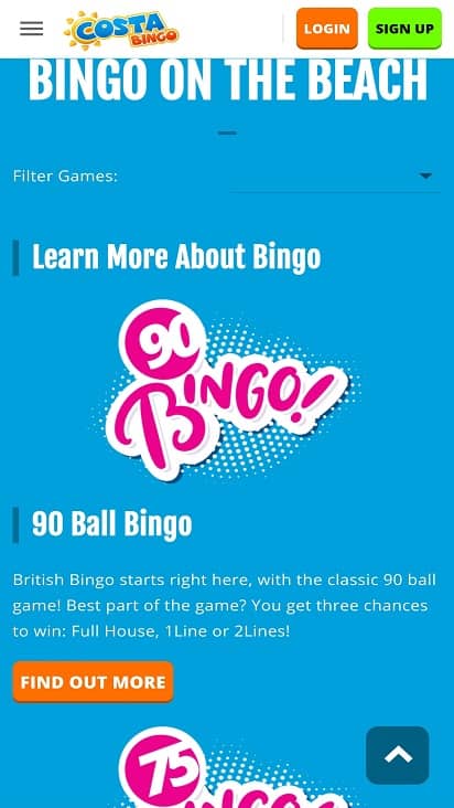 Costa bingo games page