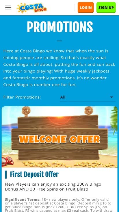 Costa bingo promotions page