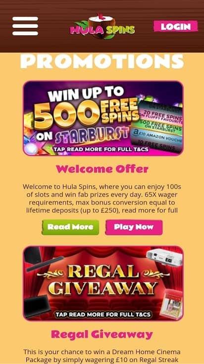 Hula spins promotions page