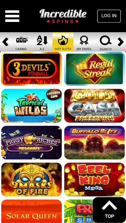 Incredible spins games page