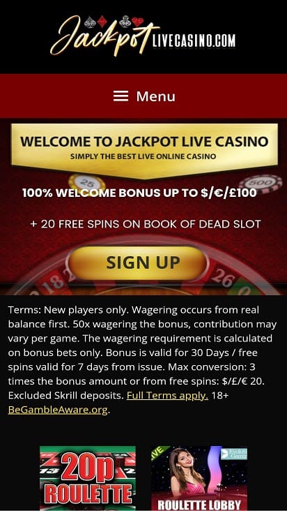 Jackpot live casino home page