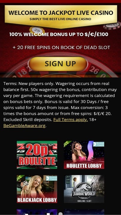 Jackpot live casino promotion page