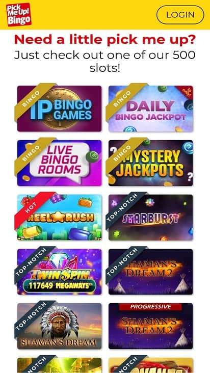 Pick me up bingo games page