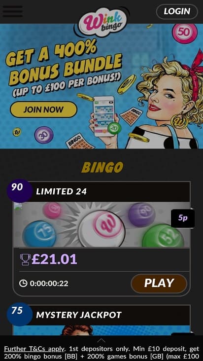 Wink bingo home page